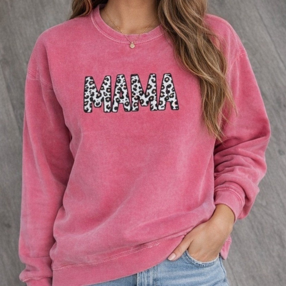 NEW Comfort Colors Mama Leopard Print Sweatshirt Pink Garment Dye Pullover Large